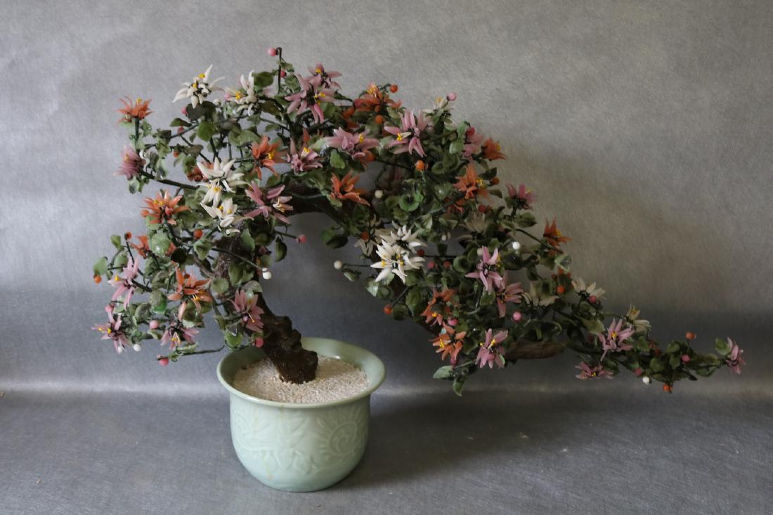 Large Asian Artificial Floral Tree in Celadon Green: red tree branch with artificial flowers, nice celadon green planter, approx. 19 inches tall, 32 inches long