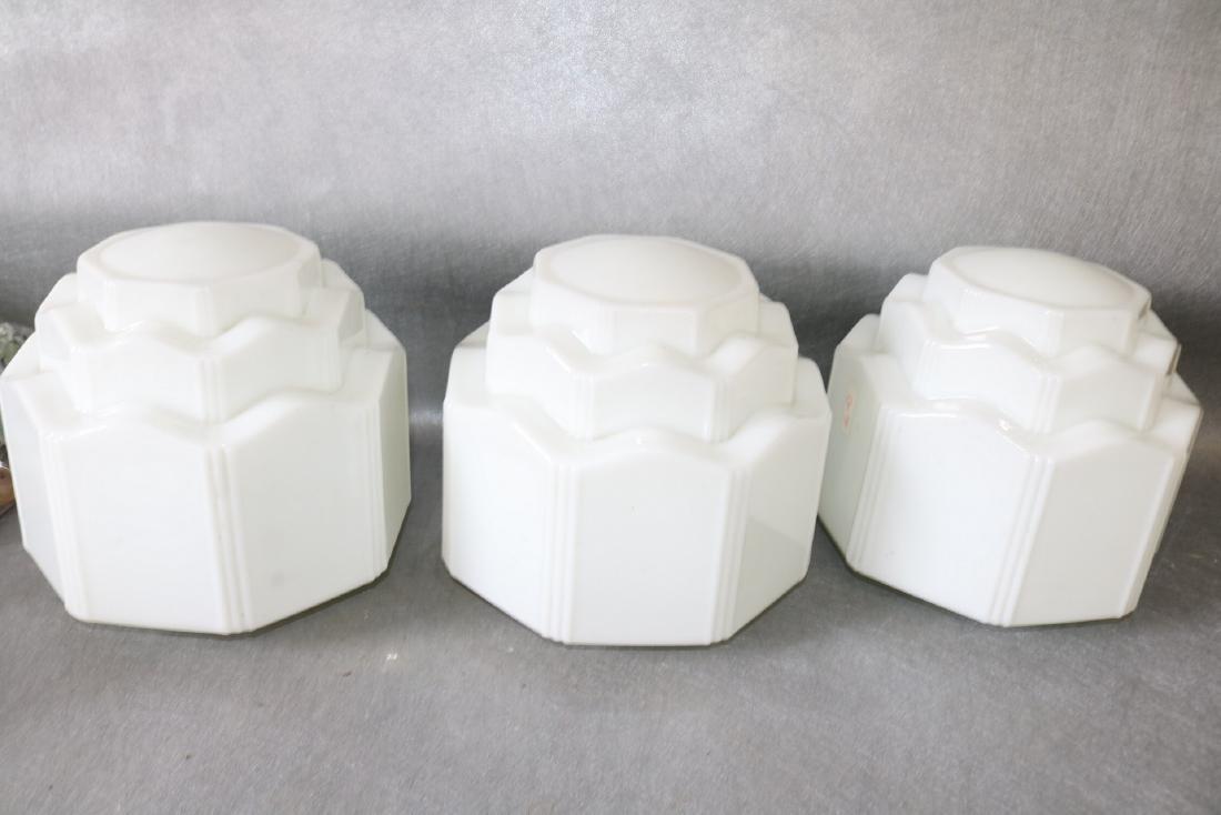 Lot of 3 White Art Deco Light Globes: White milk glass hanging light globes, great condition, approx. 3 1/2 inch opening, 7 1/2 inches tall