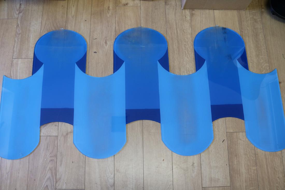 Mid-Century 1970 Lucite Wall Art by Judith Gerber: "Tranquility Base", shades of Blue, approx. 24 3/8 x 51 inches, hangs on wall, not perfect see photo's