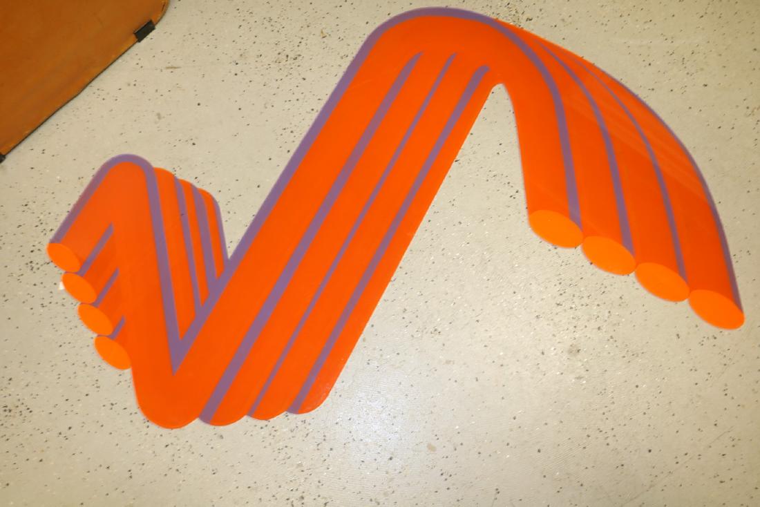 1969 Lucite Wall Art, "Turnaround" By J. Gerber: orange & purple, approx. 36 3/8 x 47