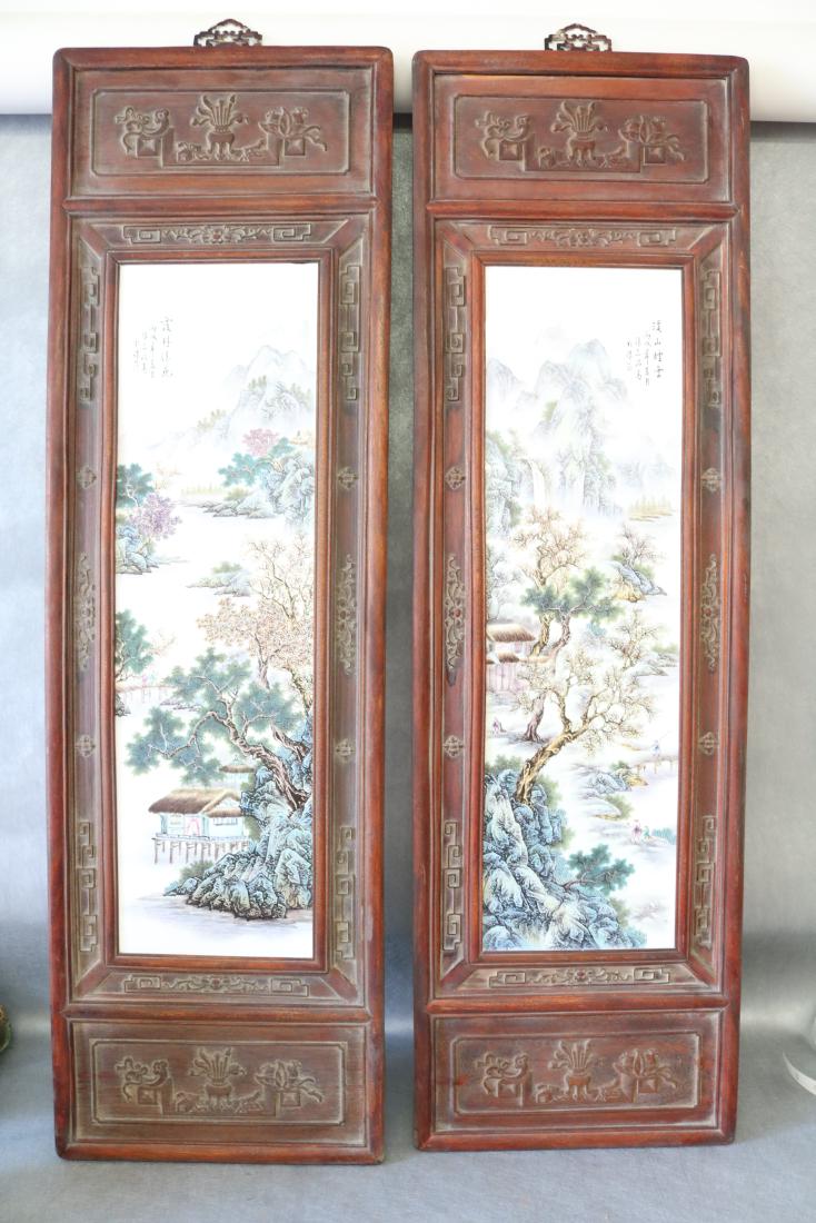 2 Large Asian Carved Wood & Ceramic Tile Panels,: approx. 14 1/4 wide by 47 n1/2 inches tall