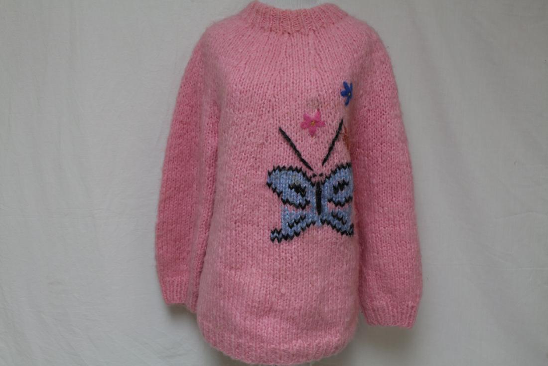 Vintage 1960's Butterfly Mohair Sweater: pink mohair sweater with butterfly and flowers has some spots near butterfly see photos, approx. bust 42" waist 42"