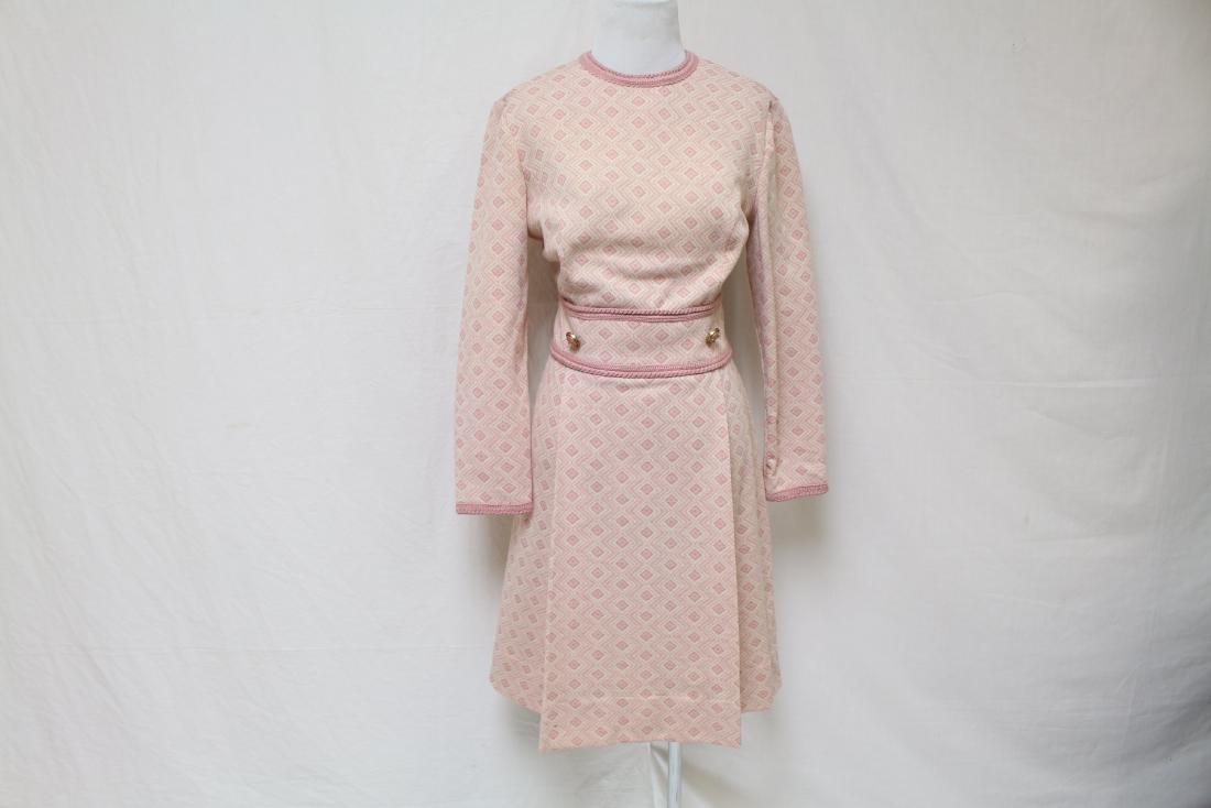 Vintage 1960's Butte Knit Dress: pink cream Dacron polyester wool blend kit geometric print dress, in great condition, approx. bust 39" waist 31"