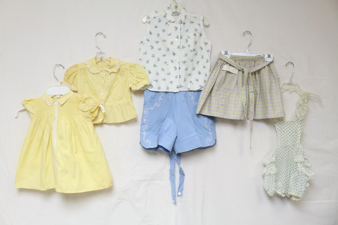 Vintage Lot of Children's Clothing 6 Pieces: yellow cotton top small holes & discoloration, Nannette Originals yellow cotton smocked Dress size 12 M, tiny spot some discolorations see photos, Lord & Taylor blue shorts with some discoloration sma
