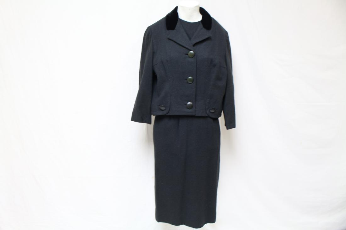Vintage 1950's Mort Schrader Dress & Jacket: Mort Schrader Jeunes Petites black wool dolman sleeve back zipper dress & matching jacket w/velvet collar fully lined, in great condition, approx. bust 38" waist 26"