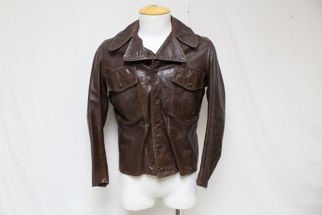 Vintage 1970's Brooks Leather Sportswear Jacket: brown leather moto style short jacket with snap closure zip out lining, has some spotting & signs of wear see photos. Approx. chest 42"