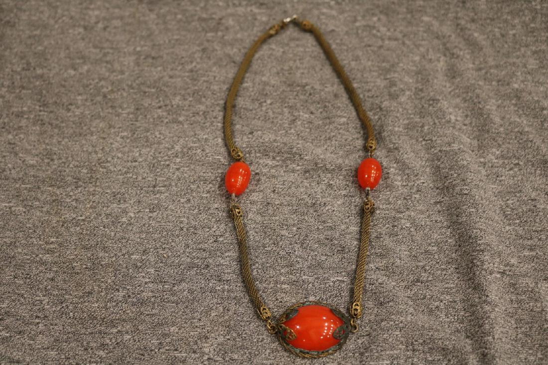 Vintage Goldtone Mesh Chain Necklace with Red Stones (1 of 4)