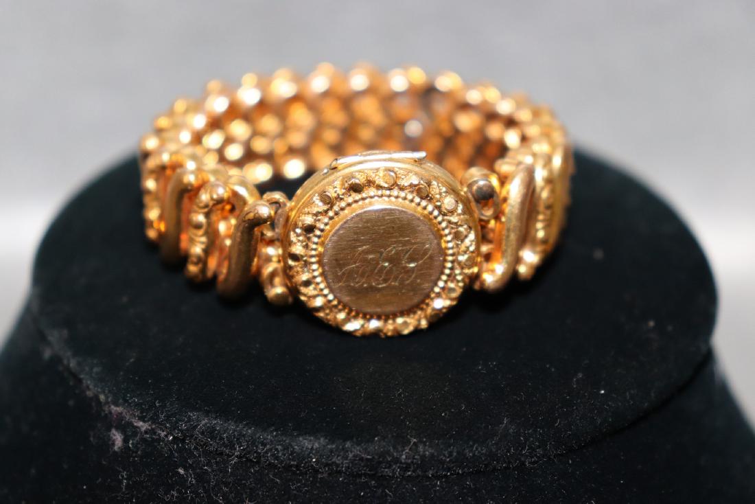 Vintage Expandable Locket Bracelet: goldtone with monogram, missing one inside piece see photos