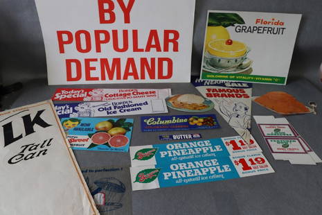 Vintage Lot of Grocery Store Advertising, 18 Pcs.: ice cream, milk, butter, fruit, etc., all paper in good condition