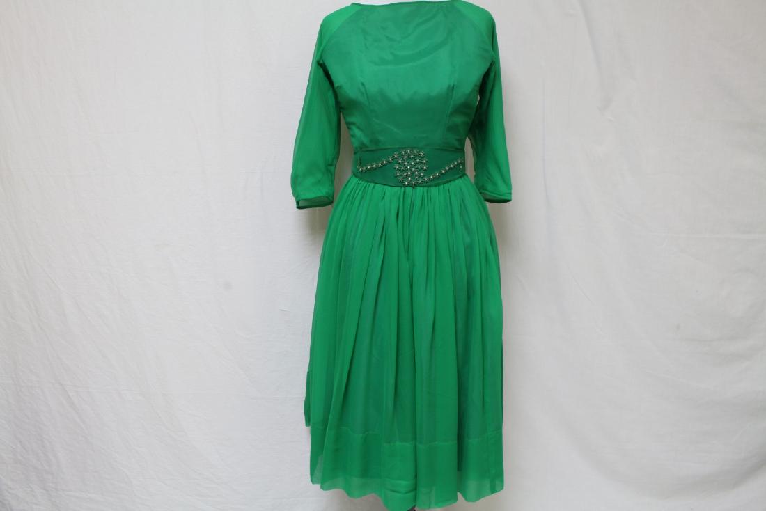 Vintage Joan Barrie New York 1960's Dress: kelly green chiffon dress with fitted bodice, raglan sleeves and full skirt with net under skirt, fully line, belt has rhinestone embellishment and is coming apart, some spots throughout see photos, o