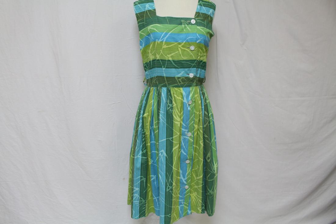 Vintage Maxan Summer Dress: asymmetrical button front, cotton green blue bamboo striped print fabric, full skirt, in good vintage condition missing belt, approx. bust 38" waist 29"