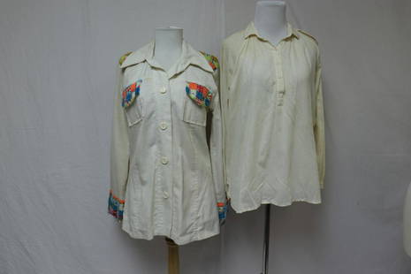 Lot of 2 Women's Blouses: Organically Grown by Arpeja cotton off white blouse some yellowing, 1970's patchwork blouse/jacket some fraying wear of embroidery & yellowing size 14