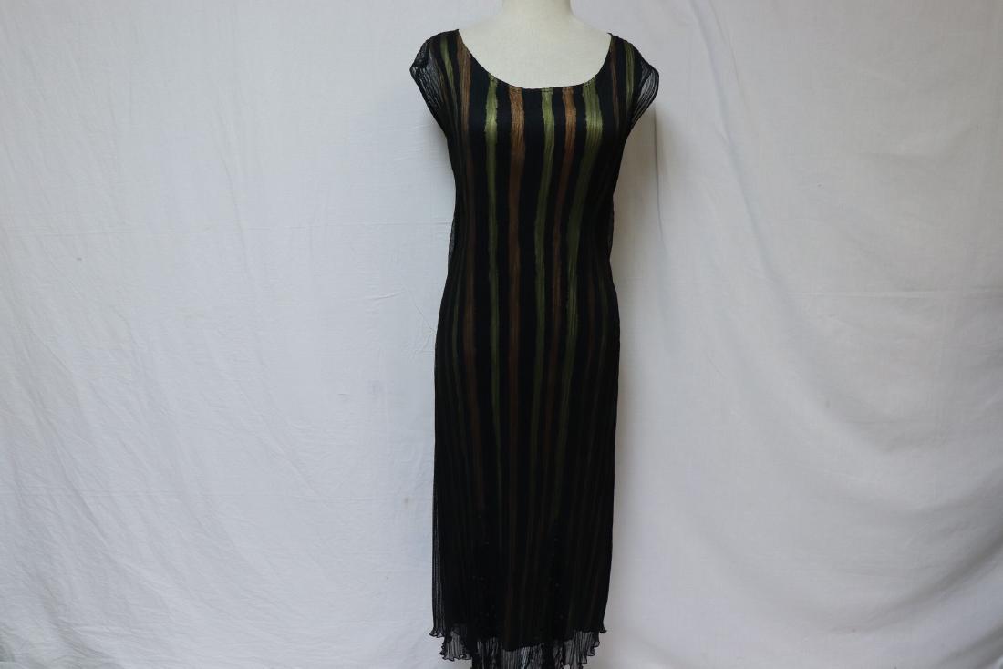 Lindi Netting over Stripped Gold & Yellow Sheath Dress: Lindi netting with sequins over stripped sheath dress, slip on style. Sz XL.
