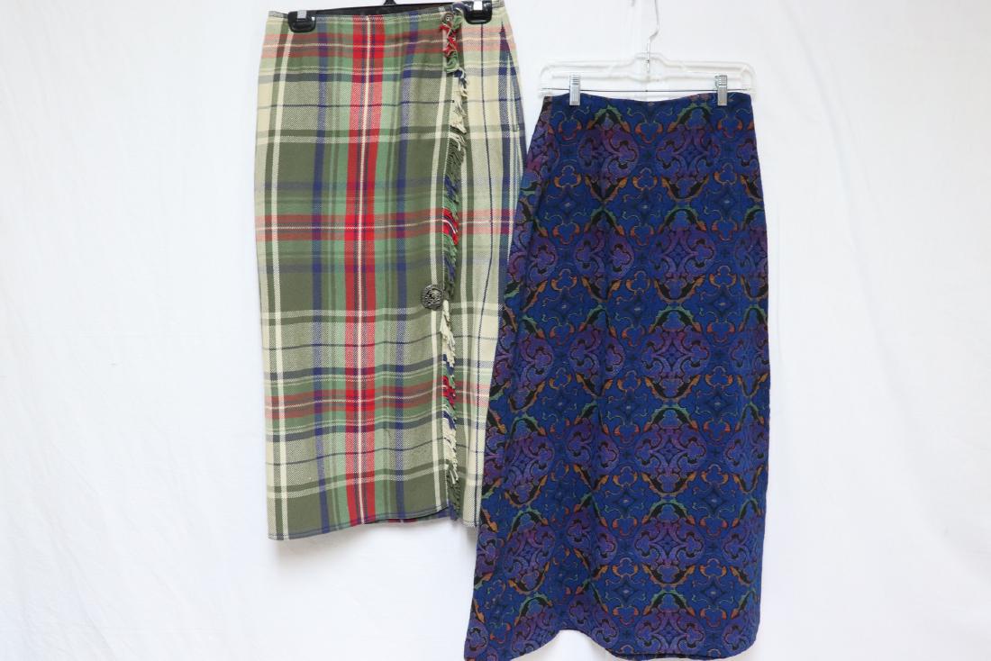 Lot Of 2 Vintage Skirt, Lizsport Plaid: Lizsport cotton plaid wrap skirt, lined, size 8; heavy blue maxi skirt, 26" waist, zip back. Both in great condition