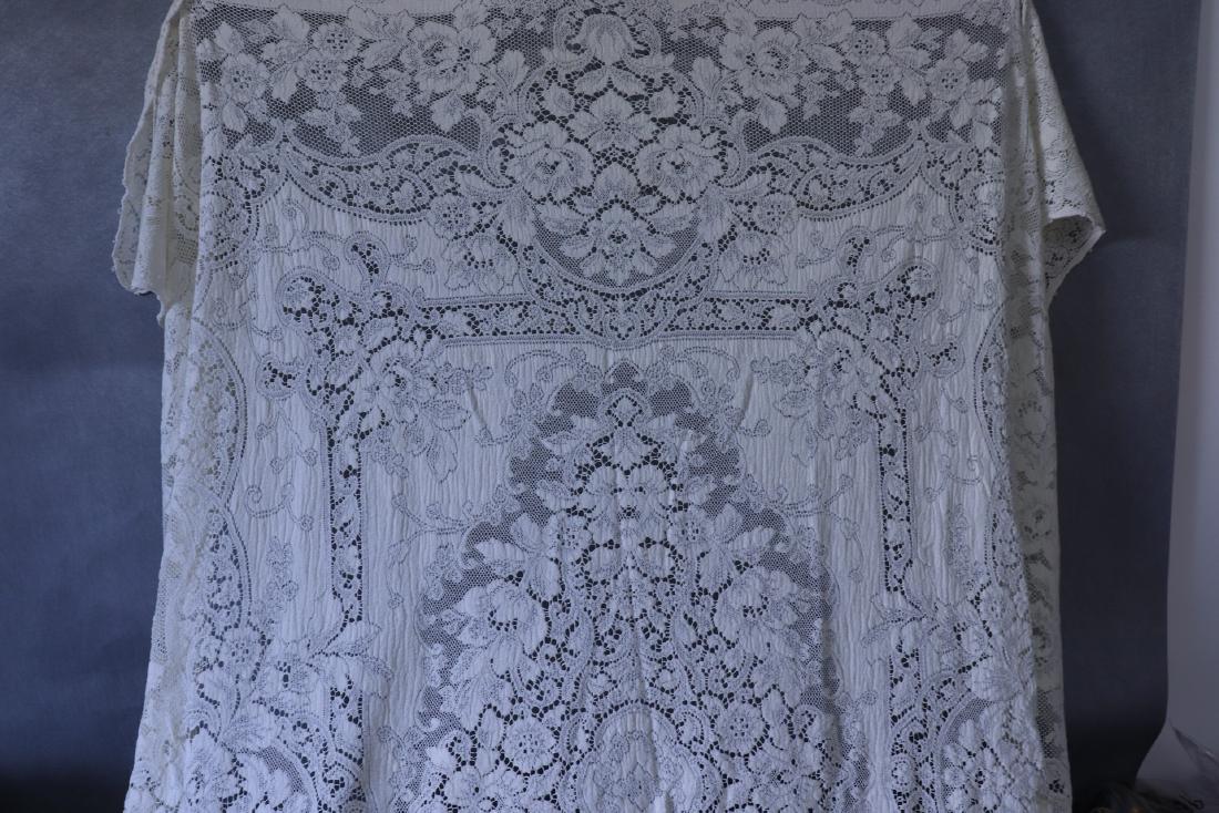Vintage Quaker Lace Tablecloth W Loops: 60x70" A few broken threads, very light soil other wise very good condition.