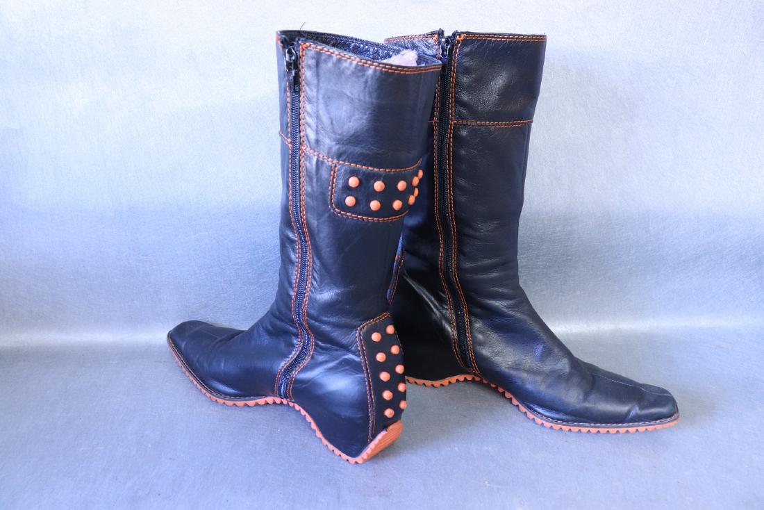 Pons Quintana Women's Leather Zip Boots: Black leather boots, no size noted. Measures 10" from toe-tip to heel. Bright orange stitching and orange dot detail in back. Great condition.