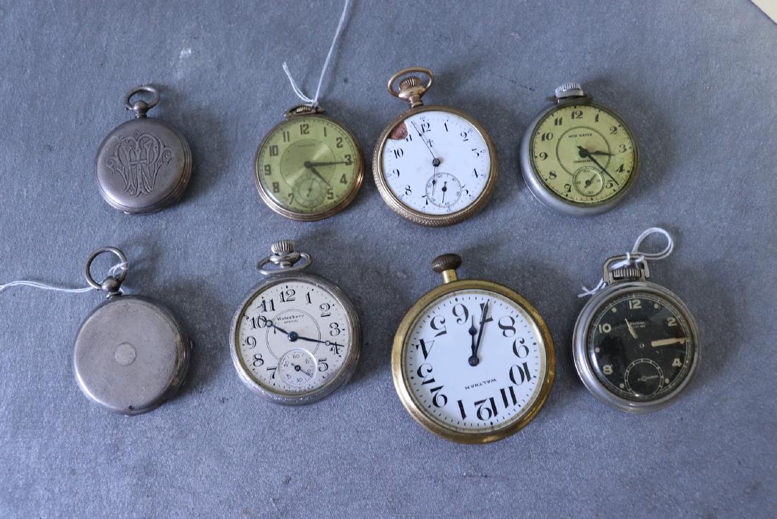 Lot Of 8 Antique Men's Pocket Watches: Hess & Metford, missing glass, Waltham pocket watch, Waterbury Special (missing glass), New Haven, Waltham, Westclox, Ingersol Trenton (no face or glass), Handro Norton, 13 jewels. All in as found con