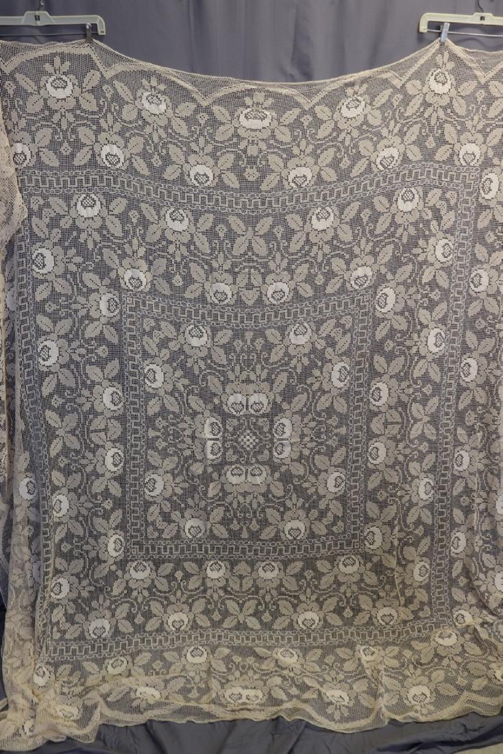 Hand Knotted Italian Filet Lace Table Cloth: Lovely hand knotted filet lace tablecloth features roses and leaves, 88x85". In great condition with a few light soil spots, shown.