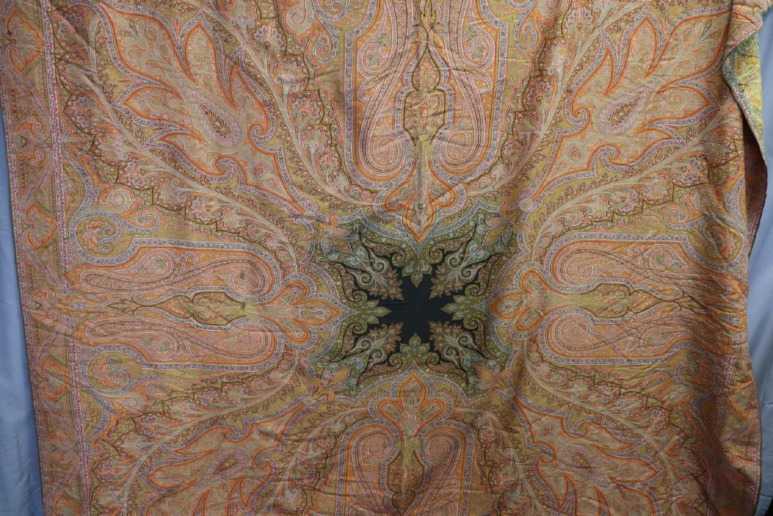 Antique Kashmiri Persian Paisley Shawl 75x 72": Paisley features black center. One 1" hole and a few smaller holes, light soil.