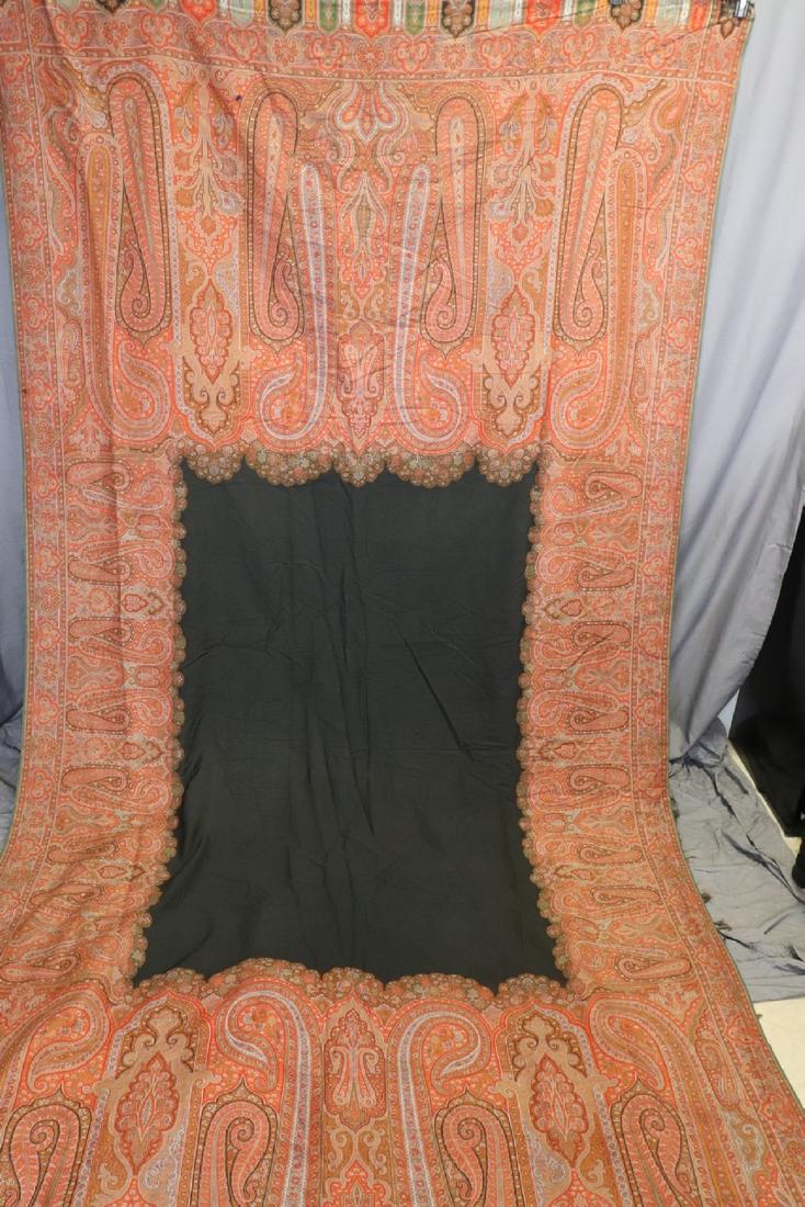 Antique Kashmiri Persian Paisley Shawl 130x62": Paisley features black center. One 1" hole and a few smaller holes on the black center light soil.