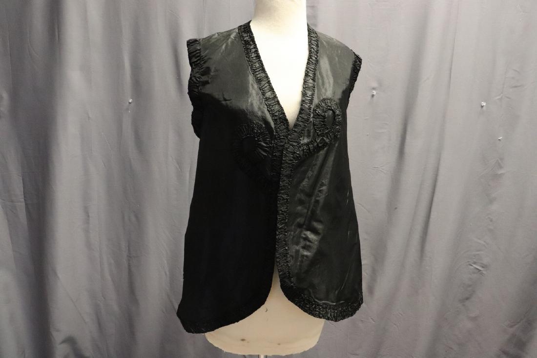 Antique Taffeta Black Women's Vest With Ruffled Taffeta: Measures 36" at bust, 26" long. In great condition with a few tiny pin holes in back .