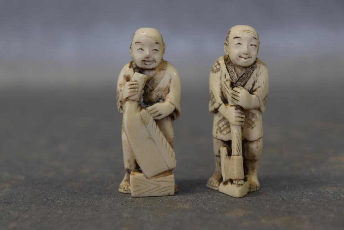Lot of 2 Hand Carved Bone Netsuke Asian Men: Both Approx. 2" tall 7/8" wide, Asian man w sickle , man with ax. Great condition