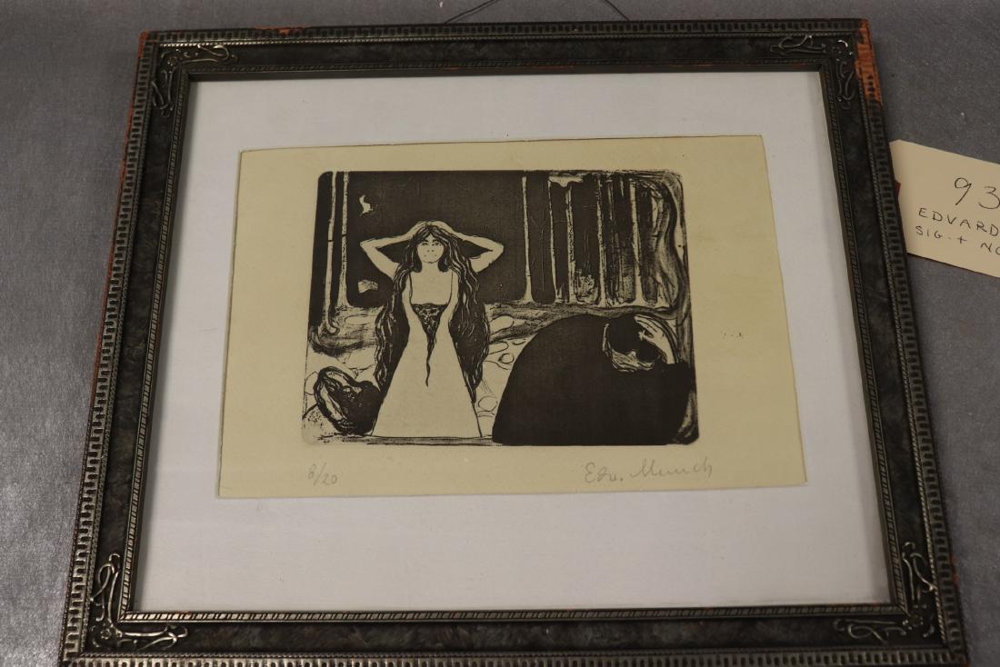 Edvard Munch Signed & Numbered "Ash II": Edvard Munch 1863 Â– 1944) was a Norwegian painter and printmaker. Pencil signed and numbered 8/20. Framed and matted, approx. 11 1/2 x 13 1/2 over all.This item is described as seen, and has no ot