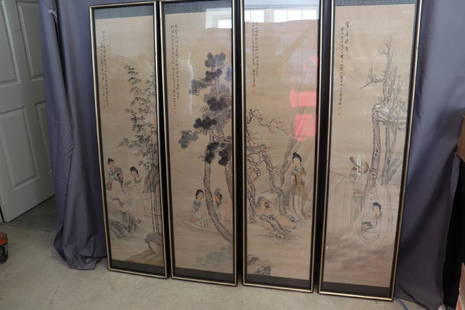 Set of 4 Seasons Chinese Panels, Watercolor, Signed: Large size- 15x59", features 4 seasons, great condition