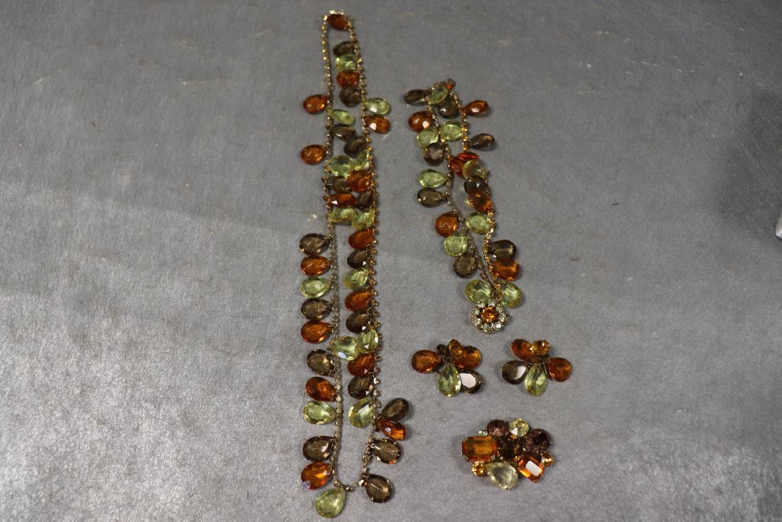 Vintage 5 Piece Costume Jewelry Set: Gold and Green tone stones necklace, bracelet, brooch and clip on earrings