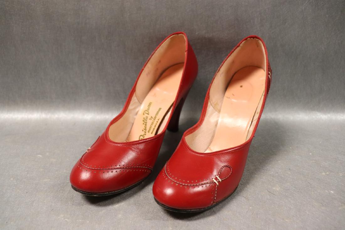 1940's Vintage Priscilla Dean Red Pumps: sweet cherry red with dainty detail, gently worn size 7.5 with 3 1/2 inch heel in original box.