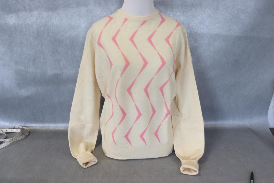 Vintage Ladies Cashmere Sweater by Bryant: Pink zigzag pattern with long sleeves and fold over cuff, 100% pure cashmere by Bryant of Scotland, associated with Cerruti, approx. 42 bust, nice condition