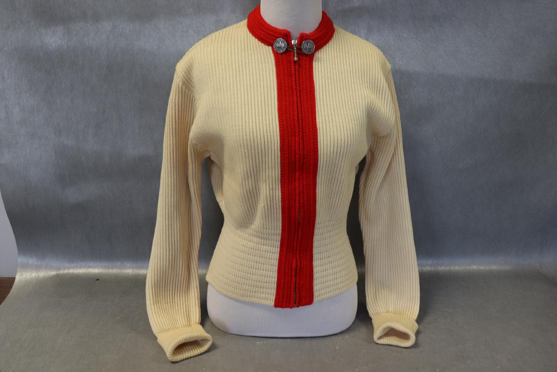 Vintage 1950's Cable Knit Wool Ski Sweater/Cardigan: Original Obermeyer zip up cardigan, 100% wool made in Bavaria Germany, red around collar and either side of zipper with buttons at top, long cuff over sleeves, metal zipper, wide fitted band at waist,