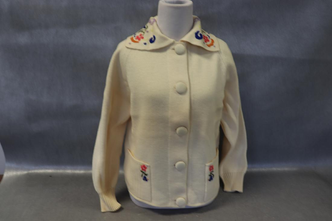 Vintage 1950's Wool Cardigan Ski Sweater: stadium import 100% wool made in Austria, size 36, long sleeve, button up with embroidered collar and front lower pockets, nice condition
