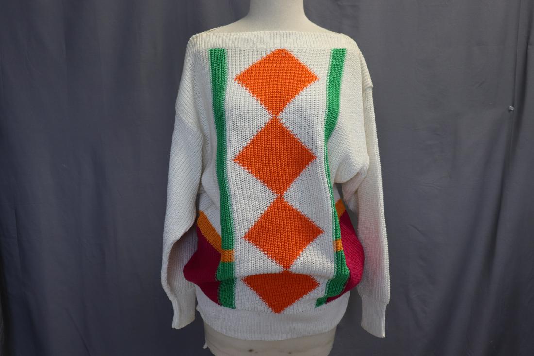 Crisca Cotton Ski Sweater: Bright colors, tunic style. Made in Western Germany. Measures approx. 45" at chest, 28" long, 21" across shoulders. Great condition.