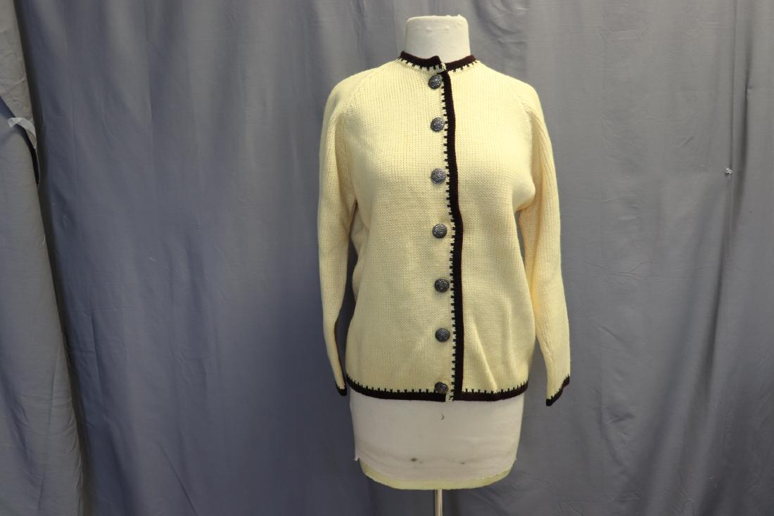 Wool Cardigan Ski Sweater, Austria: Metal buttons, Trimmed in brown wool, bust 38, waist 36. Great condition.