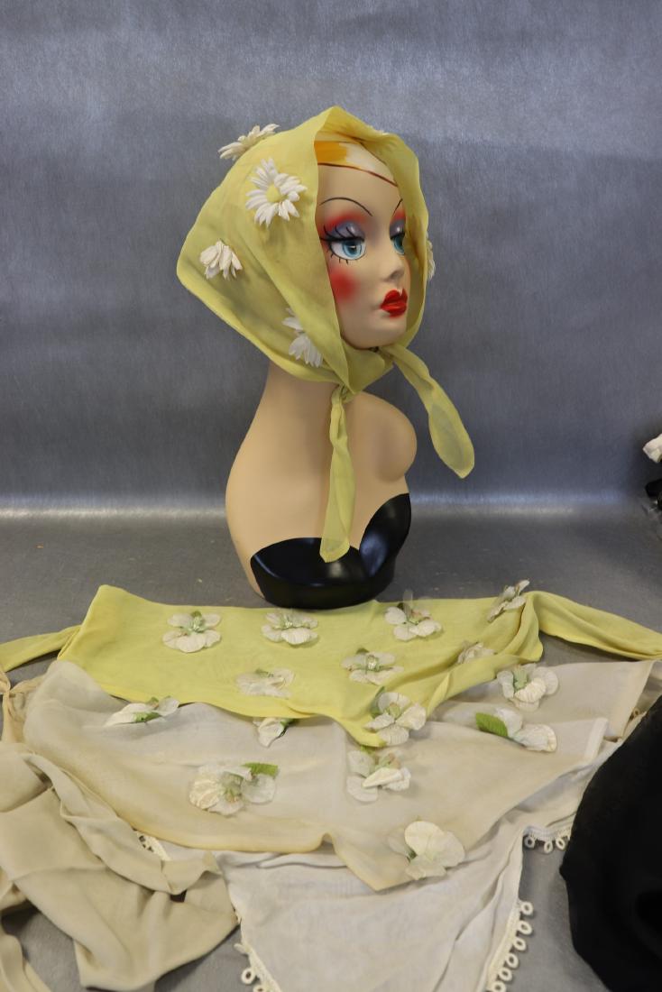 Lot of 6 Vintage Scarfs With Appliques: Vintage lot kerchiefs, 2- yellow nylon with daisy appliques, 1-white nylon with white velvet roses, 1- black nylon, 2-cream colored nylon. Great condition.