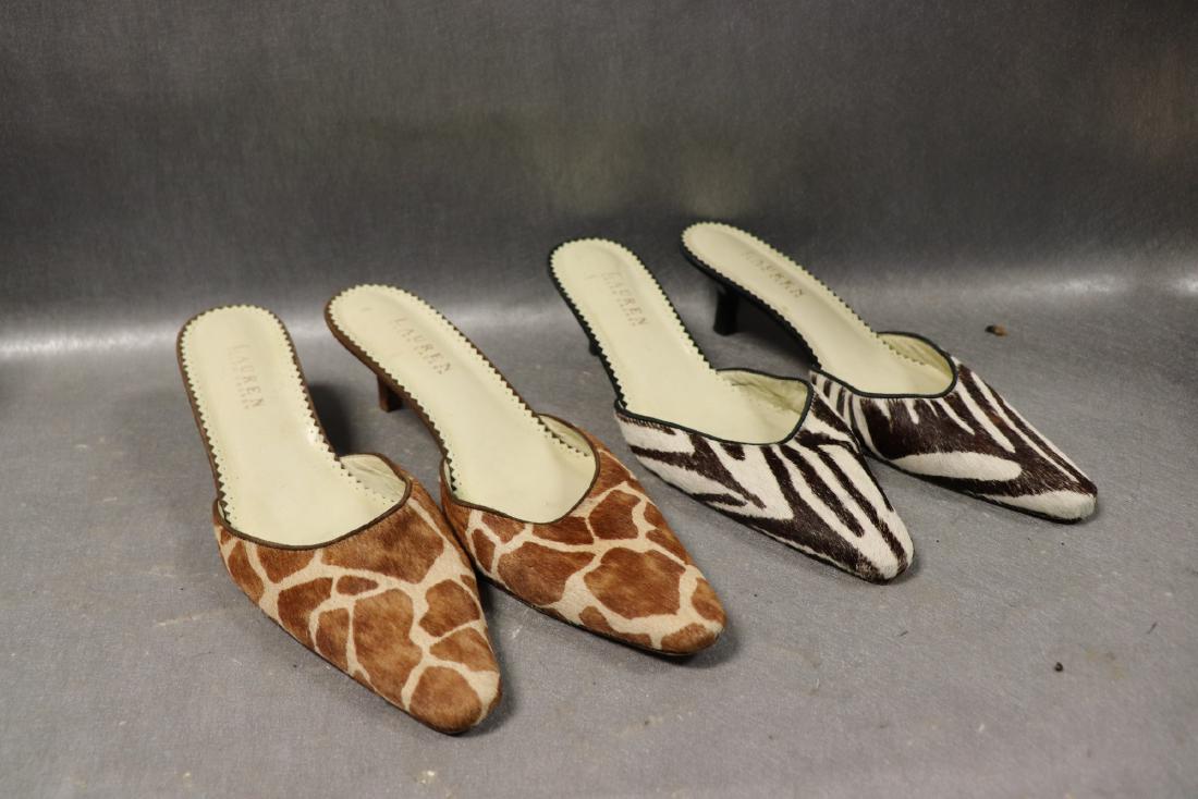 2 Pair Ralph Lauren Leather and Fur Slip-On Shoes: Printed fur (real fur), both size 8 1/2. Mules, pointy toe shoes with 2" kitten heels. Both in great condition.