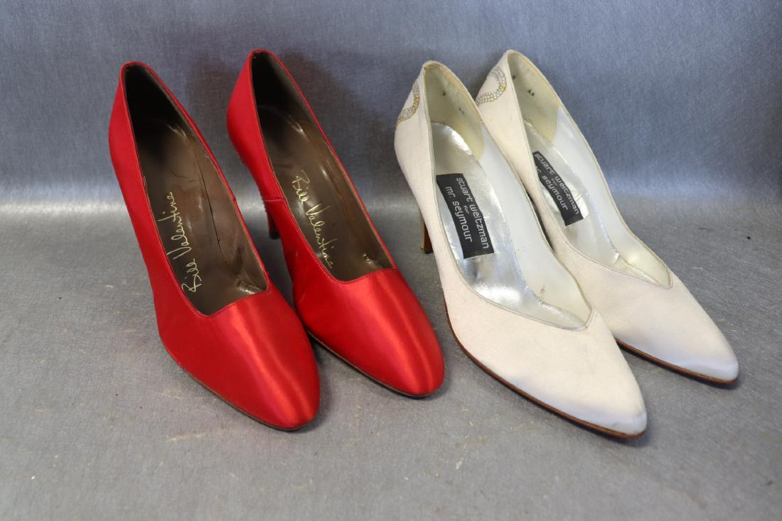Stuart Weitzman And Bill Valentine Spikes: White shoes-Made in Spain, leather sole, 3" heel (bottom of spike heels are coming apart), marked size 9. Features rhinestone bow detail. The glue has yellowed over time and some light soil on one. Ot