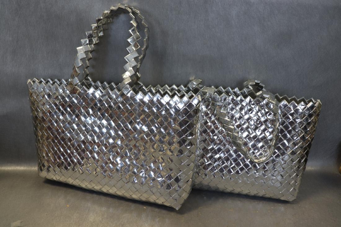 Lot Of 2 Hand Woven Silver Foil Hand Bags: Large size silver foil bags, both measure approx. 15x 10". In great condition.