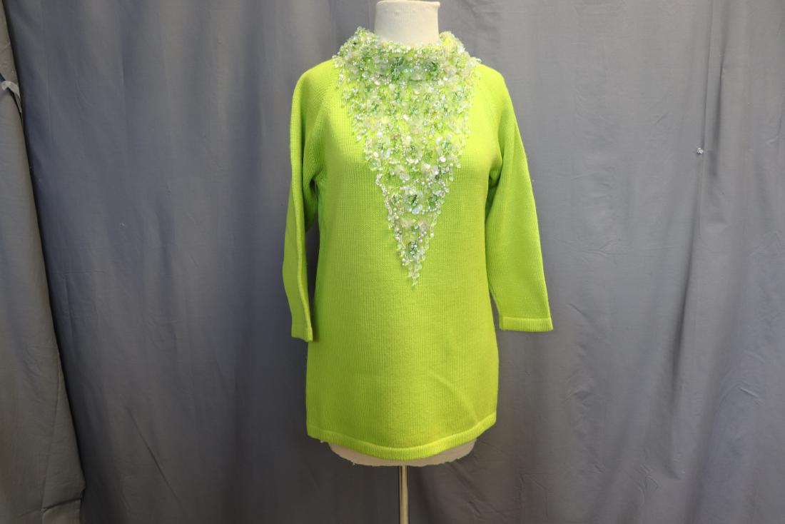 Vintage Green Neiman Marcus Bead and Sequin Sweater: 100% wool, made in Italy, Labeled size 38, small faint 1" line on back, a few pills on sleeves, otherwise great condition.