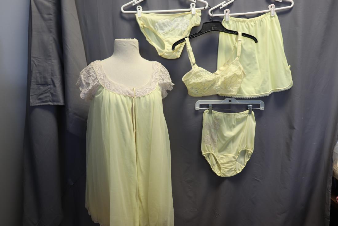 Vintage Lot Yellow Nightgown, Panties, Slip: Nice lot nylon yellow lingerie. Includes robe, Claire Sandra by Lucie Ann, Beverly Hills, Labeled as small, inside and outside ties, Chantilly lace detail, great condition. Yellow mini half slip, pill
