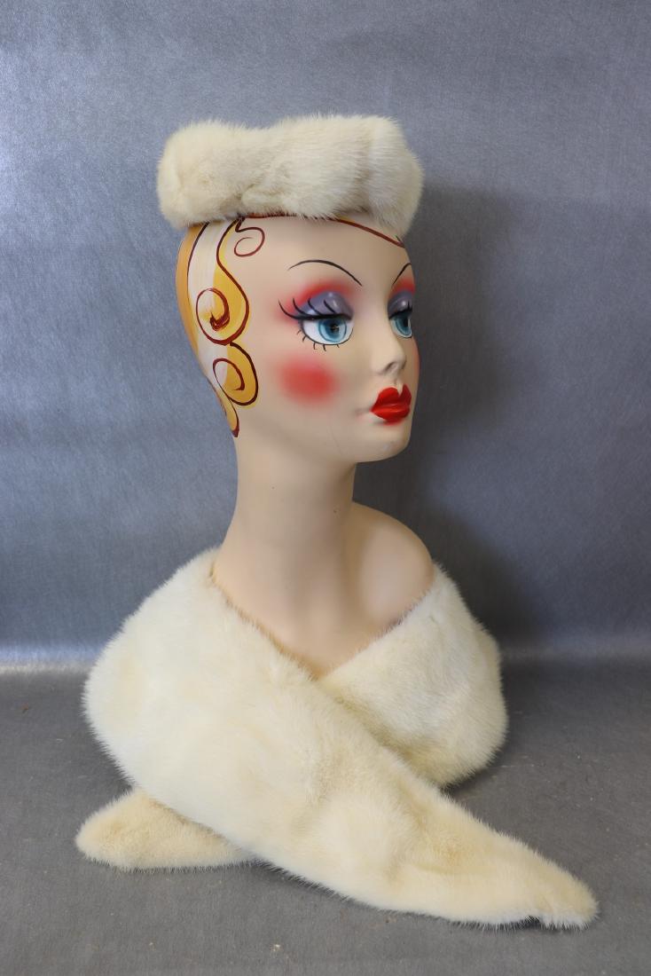 Vintage 1950's Blonde Mink Collar, Pillbox Hat: Nice set collar and pillbox hat. Collar measures approx. 54" long, 6 1/2" deep, very light soil on the back. The hat measures approx. 17 1/2" around in side, two clear plastic combs sewn into the insi