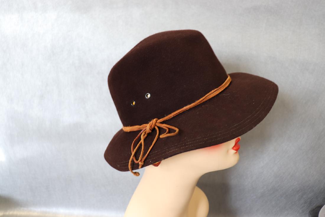 Vintage Wool Esccello Ladies Fedora Hat, Halston: Measures approx. 21" around the inside of the hat. Raw hide laces around brim. In great condition.