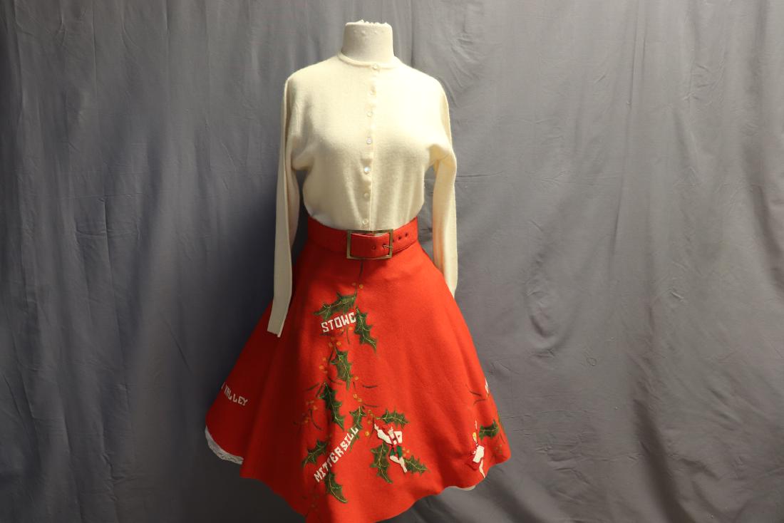 1950's Applique Felt Circle Skirt, Lake Placid, Sun: Tag says Full fashioned Imported Cashmere, cardigan sweater, measures 36" at bust, 32" waist, 19" long. Red felt circle skirt labeled Sax Fifth Avenue, appliqued figures, Lake Placid, measures approx.