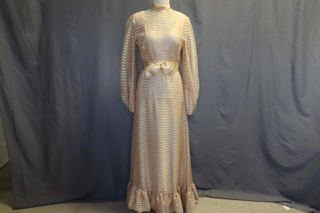 Vintage 1970's Satin Stripe Maxi Dress Gown: Peach Stripe shear & peach satin style stripe, high collar, long balloon/bishop sleeves, satin bow at waist, long tapered skirt with large ruffled edge, approx. 36 bust, 28 waist, see photo for white 