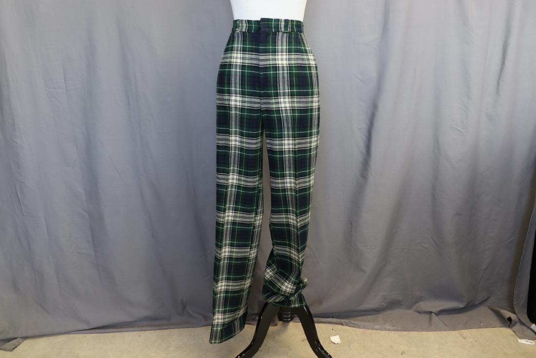 1970's David Brooks Scotch Plaid Ladies Pants: green blue, scotch plaid, side pockets, approx. 28 waist, 36 hips, 31 1/2 inseam with 2 inch hem, nice condition, wool blend