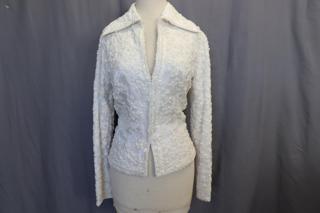 1980/90's Zola Ice White Beaded Cardigan: embroidered and beaded white on white, long sleeves, eye hooks up front, approx. 38 bust, 32 waist, nice condition