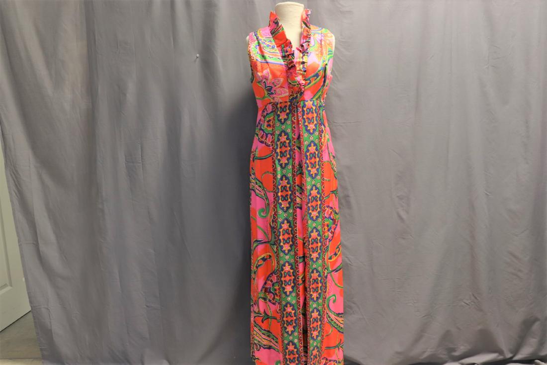 1960's Young Elegance Silk Maxi Dress: sleeveless ruffled V-neck, empire waist with wide matching belt, large pleat front, back zipper, spot on back see photo, slight underarm fading on left side, approx. 38 bust