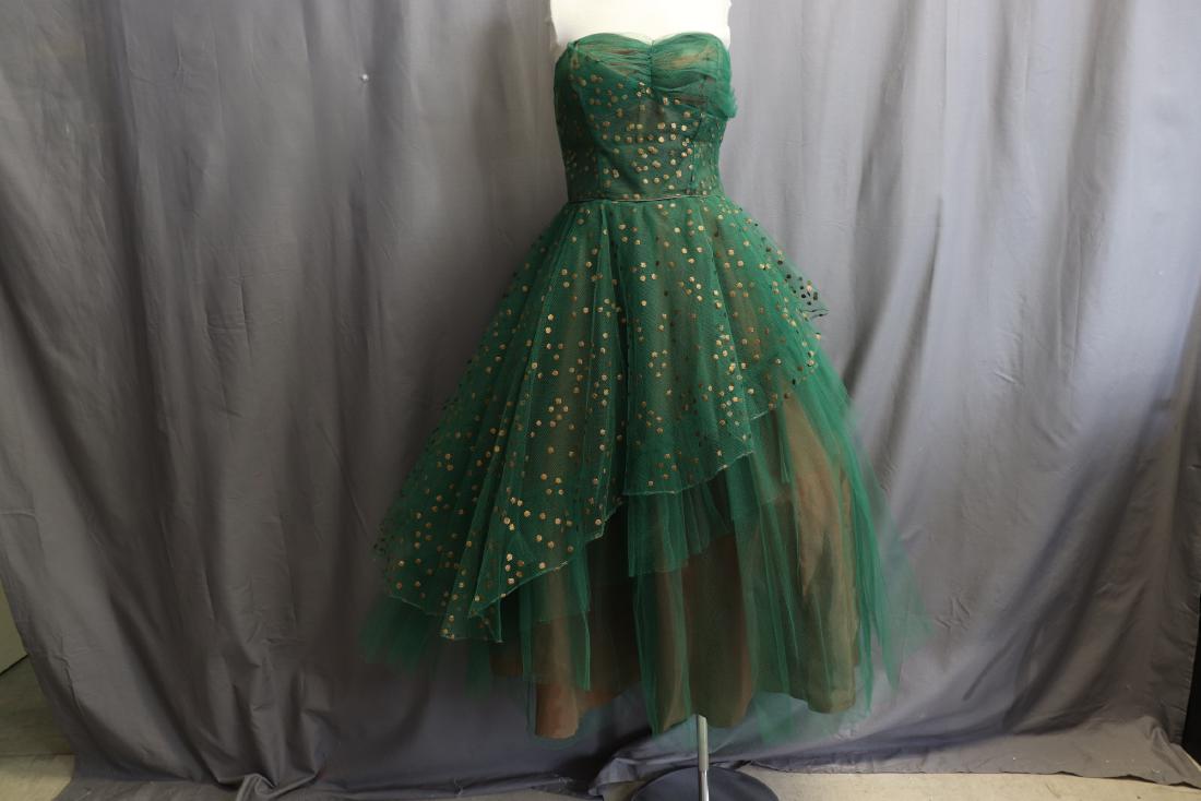 1950's Strapless Sweet Heart Party Dress: hand painted green tulle with gold dots, ruched tulle strapless sweet heart fitted bodice with boning, full layered tulle skirt , tea length, gold taffeta type under slip, approx. 35/36 bust, 26 waist