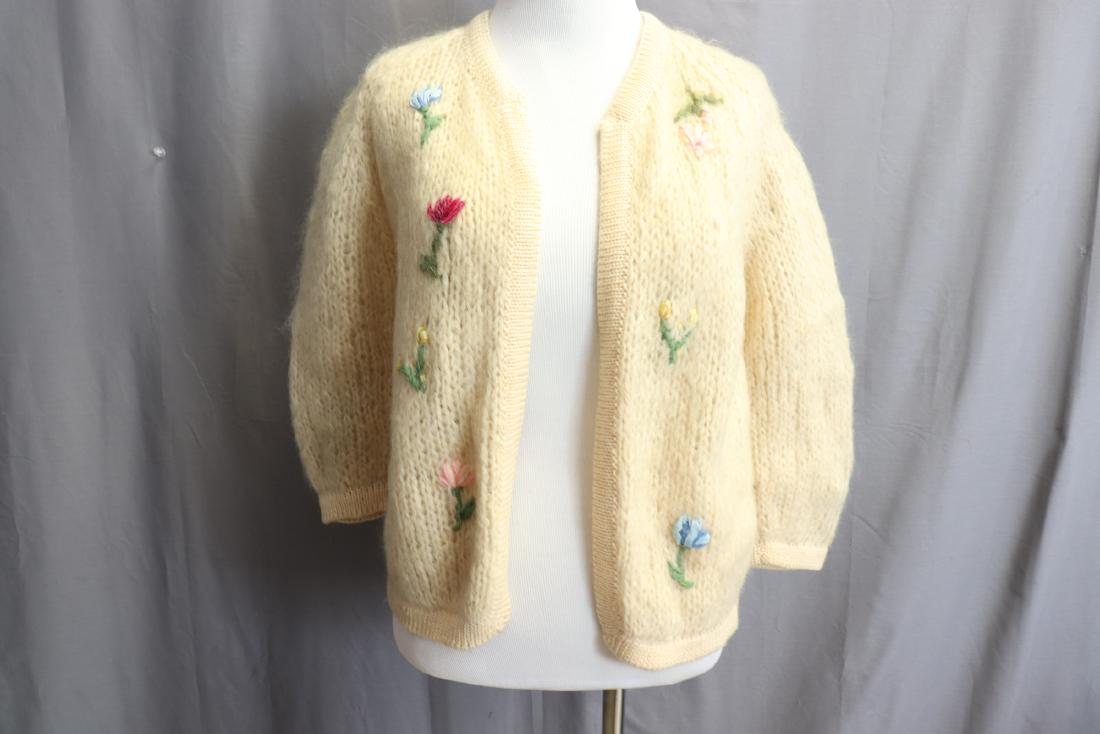 Nan Martell 1950's Cardigan Sweater: hand knit, Angora? With embroidered velvet and ribbon flowers, 3/4 sleeves clutch front, nice condition, approx. 36 bust,